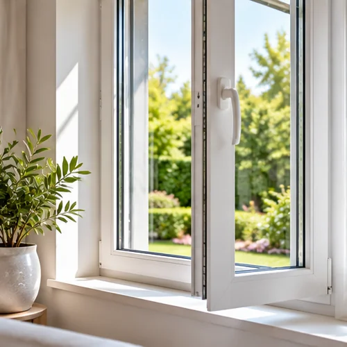 Fenêtre blanche ouverte sur un jardin